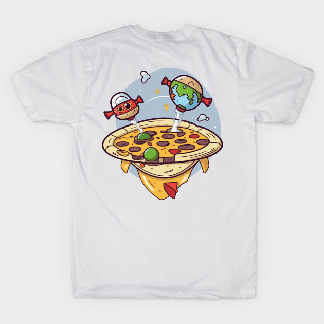 Spacecraft pizza with salami and spaceships earth and robot by maasPat